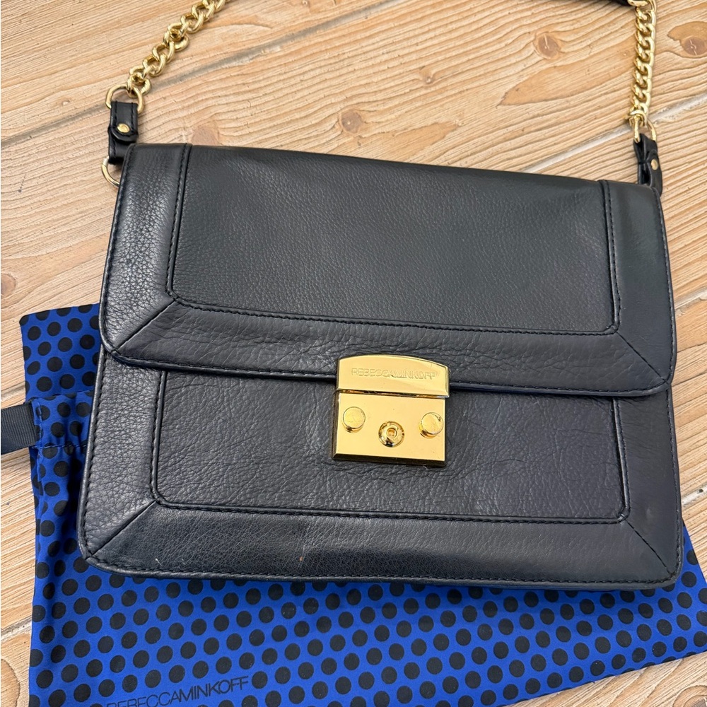 Rebecca Minkoff Black Leather Shoulder Bag with Gold Chain